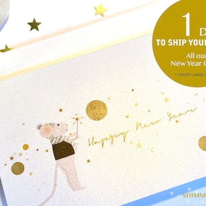 Carte de joyeux nouvel an, carte de nouvel an confettis et feux d'artifice, carte de joyeux nouvel an moderne, petite étoile scintillante et souris, *nous la publions directement*