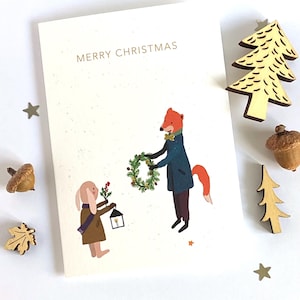 Carte de Noël renard, carte de Noël lapin, amis de la forêt avec des cadeaux, pour les amoureux des animaux, fait main, carte de Noël de qualité, extra spécial
