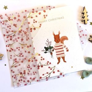 Carte de Noël écureuil, écureuil mignon en pull, carte de Noël animal des bois, carte botanique houx et lierre de Noël, carte personnalisée