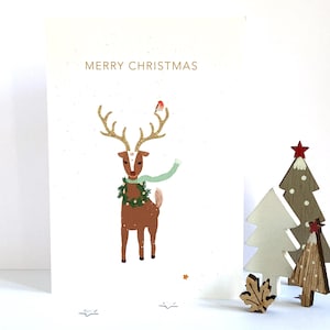 Carte de Noël renne, carte des fêtes de fin d'année, carte de Noël décorée de cerf, cerf mignon avec cerf scintillant, carte de Noël animaux de la forêt