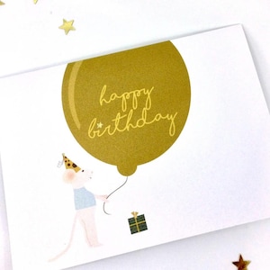 Biglietto di auguri di compleanno con un simpatico topo – Biglietto di auguri di buon compleanno con palloncino – Biglietto di auguri minimalista con un animale – Palloncino dorato – Biglietto stravagante per bambini o adulti.