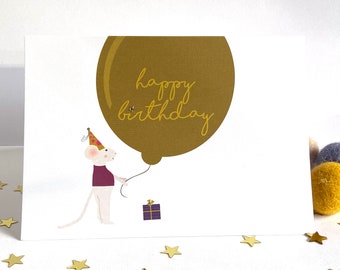 Mouse Happy Birthday Card, big gold foil balloon with present and party hat . Let's celebrate party time . Funny B-day Card EXTRA FESTIVE