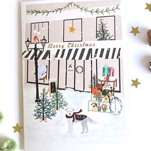 Carte de magasinage de Noël, carte de lèche-vitrines de Noël, fenêtre de Noël et chien, carte de Noël chien, personnalisée **EXTRA FESTIVE**