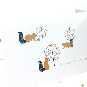 Carte de Noël écureuil et arbre des bois, animal de la forêt en hiver, célébration de Noël, cartes de Noël spéciales. ** PAPIER ILLUMINÉ **