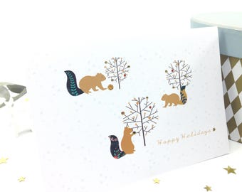 Woodland Squirrel and Tree Christmas Card, Winter Forest Animal, Christmas Celebration, Special Christmas Cards. **SHIMMER PAPER**