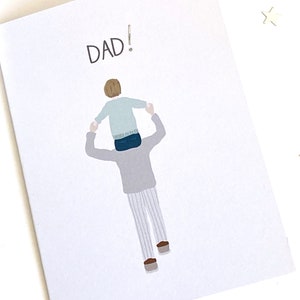 Tarjeta del Día del Padre de Hijo, Hija. Tarjeta hijo sobre los hombros de papá. Tarjeta moderna para papá. Tarjeta de cumpleaños para papá
