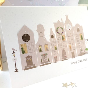 Tarjeta de Navidad de Ámsterdam, Tarjeta de casas en los canales, *TARJETA FESTIVA EXTRA* detalles en ventanas y puertas, Tarjeta de Año Nuevo, Tarjetas navideñas especiales