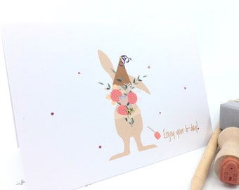 Rabbit Bunny Birthday Card, Floral Birthday Card Celebration Birthday Card, Cute Bunny with Flower Bouquet Birthday Hat Card "METALLIC DOTS"