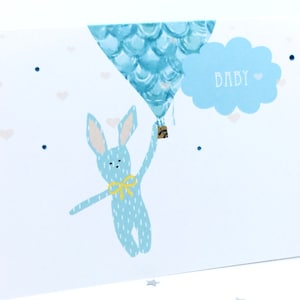 Nueva tarjeta de niño bebé, invitación de ducha de niño de globo aerostático, anuncio de niño nuevo, invitación de ducha de niño bebé, tarjeta de niño bebé con conejo
