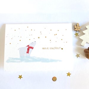 Carte de Noël ours polaire. Carte de Noël ours nuit étoilée, ours pensant à vous à Noël. Carte de Noël silencieuse et paisible à pois dorés