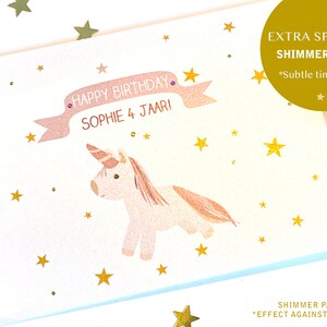 Gepersonaliseerde eenhoorn verjaardagskaart meisje - naam en leeftijd - glinsterende gouden sterren - schattige kinderkaart voor meisjes - magisch verjaardagscadeau