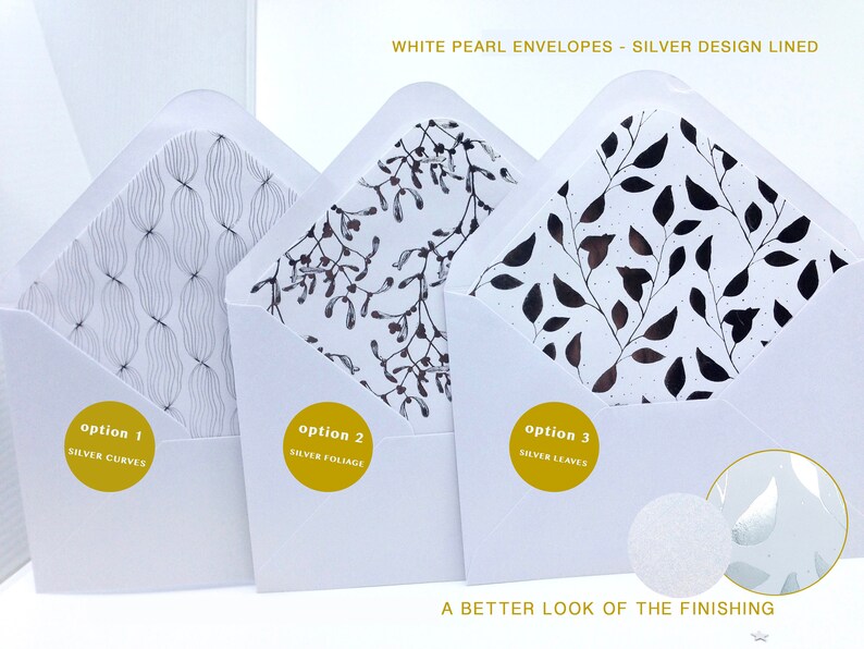 Op de afbeelding: Drie witte parel enveloppen met zilveren ontwerpen. De enveloppen hebben verschillende patronen: zilveren bochten, zilveren blad en zilveren bladeren. De tekst "WHITE PEARL ENVELOPES - SILVER DESIGN LINED" staat bovenaan de afbeelding. De tekst "A BETTER LOOK OF THE FINISHING" staat onderaan de afbeelding.