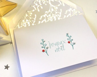 Botanical Christmas Cards, Beautiful Christmas Cards . Illustrated Plant Christmas Cards, Personalized Elegant Joyeux Noel Carte . Handmade