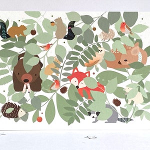 Carte d'anniversaire spéciale des bois, carte de voeux botanique animaux des bois, carte animaux de la forêt pour les amoureux des plantes et des animaux, ours, écureuil,