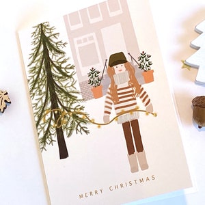 Custom Girl Christmas Card.Girl decorating Christmas Tree. Amsterdam Canal Houses Christmas Card. Tree Decoration in Amsterdam. Custrom Card