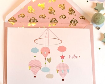 New Baby Girl Card, New Baby Girl Announcement, Baby shower Card,  Congratulations New Baby Card, Baby Hot Air Balloon Card, Cute Baby Girl