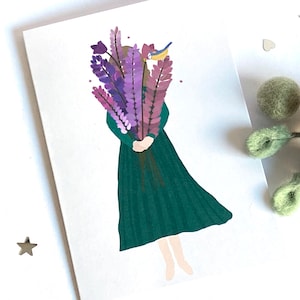 Tarjeta de felicitación floral hecha a mano, tarjeta con ilustración floral de mujer sosteniendo un ramo, tarjeta botánica para amantes de las plantas, tarjeta de cumpleaños para ella.