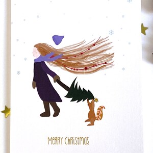 Kerstkaart voor dochter, nichtje, kleindochter, roodharig meisje, roodharig meisje, eekhoorn en kerstboomkaart, kerstkaart vrienden