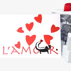 面白いバレンタインデーカード、手作りの「L'Amour」スカンクラブカード、手作業で装飾されたディテールが施されたフランス風のバレンタインまたは記念日カード