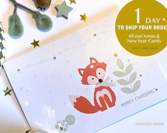 Cartes de Noël renard, carte de Noël des bois, cartes de vœux, animaux de la forêt mignons, cartes de Noël personnalisées, cartes de Noël uniques