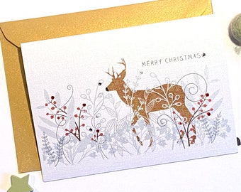 Woodland Christmas Cards, Forest and Deer Christmas Card, Reindeer, Elegant Christmas Card, Peaceful Christmas, Botanical Christmas Card