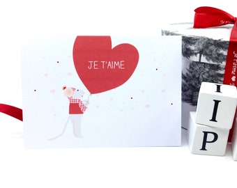 Personalized Valentine's Card, Cute Mouse and Red Heart Balloon Card, Love card, Anniversary Card, Je t'aime Card for Her/Him, Frenchie