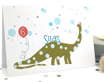 Personalized Dinosaur Birthday Card.Happy Birthday Brontosaurus Card  .Party Dinosaur Card, Name & Age ** SILVER DETAILS ADDED ** Special