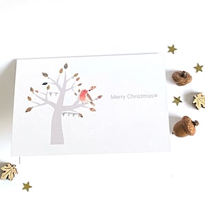 Bel arbre de Noël et carte de Robin, carte de Noël de Robin, carte de Noël pensée de vous, cartes de Noël uniques, * SILVER DOTS * FESTIF