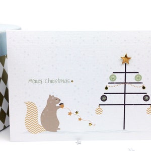 Cute Squirrel and Christmas Tree Card, Holiday Card,  Unique Christmas cards, Modern Christmas Tree Card, Decorating The Christmas Tree