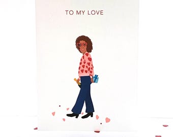 Black Woman Valentine's Day Card, Anniversary Romantic Celebration Hearts and Champagne, Valeintines for Boyfriend, Husband