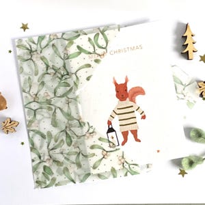 Carte de Noël écureuil, écureuil avec pull, lanterne, carte de Noël animal de la forêt, carte de lumières de Noël, carte de Noël personnalisée