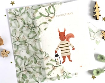 Carte de Noël écureuil, écureuil avec pull, lanterne, carte de Noël animal de la forêt, carte de lumières de Noël, carte de Noël personnalisée