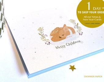 Handmade Deer Christmas Card – Cute Winter Fawn Design with Gold Accents – Woodland Holiday Greeting – New Born Christmas Card