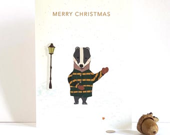 Handmade Badger Christmas Card with 3D Street Light