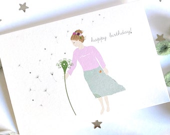 Happy Birthday Card for her, Daughter, Sister, Dandelion Blowing Make a Wish Card,  Birthday Girl Card,  Plant Lover Card .Gardner Birthday