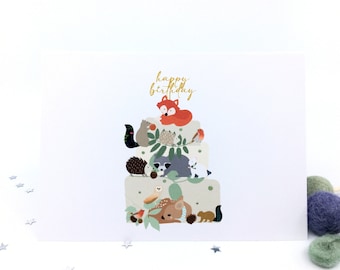 Woodland Animal Birthday Card – Forest Cake Card – Kids Nature Theme – Fox, Bear, Hedgehog, Rabbit, Squirrel