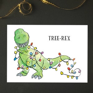 Digital Download Christmas Card | Watercolor | Holiday Card | Dinosaur | Tree-Rex | Printable downloadable pun Funny Xmas Card tree rex card