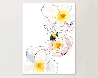 Watercolor Bumble Bee & Peony Print