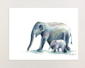 Elephant & Baby Print | mom and baby elephant painting | Safari animals | Nursery Decor | Mom and baby