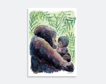 Gorilla Mum and Baby Print: Watercolor Jungle Nursery Art