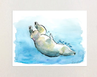 Polar Bear Watercolor Print | swimming bear | original painting | nursery decor | illustration | kids art | polar bears