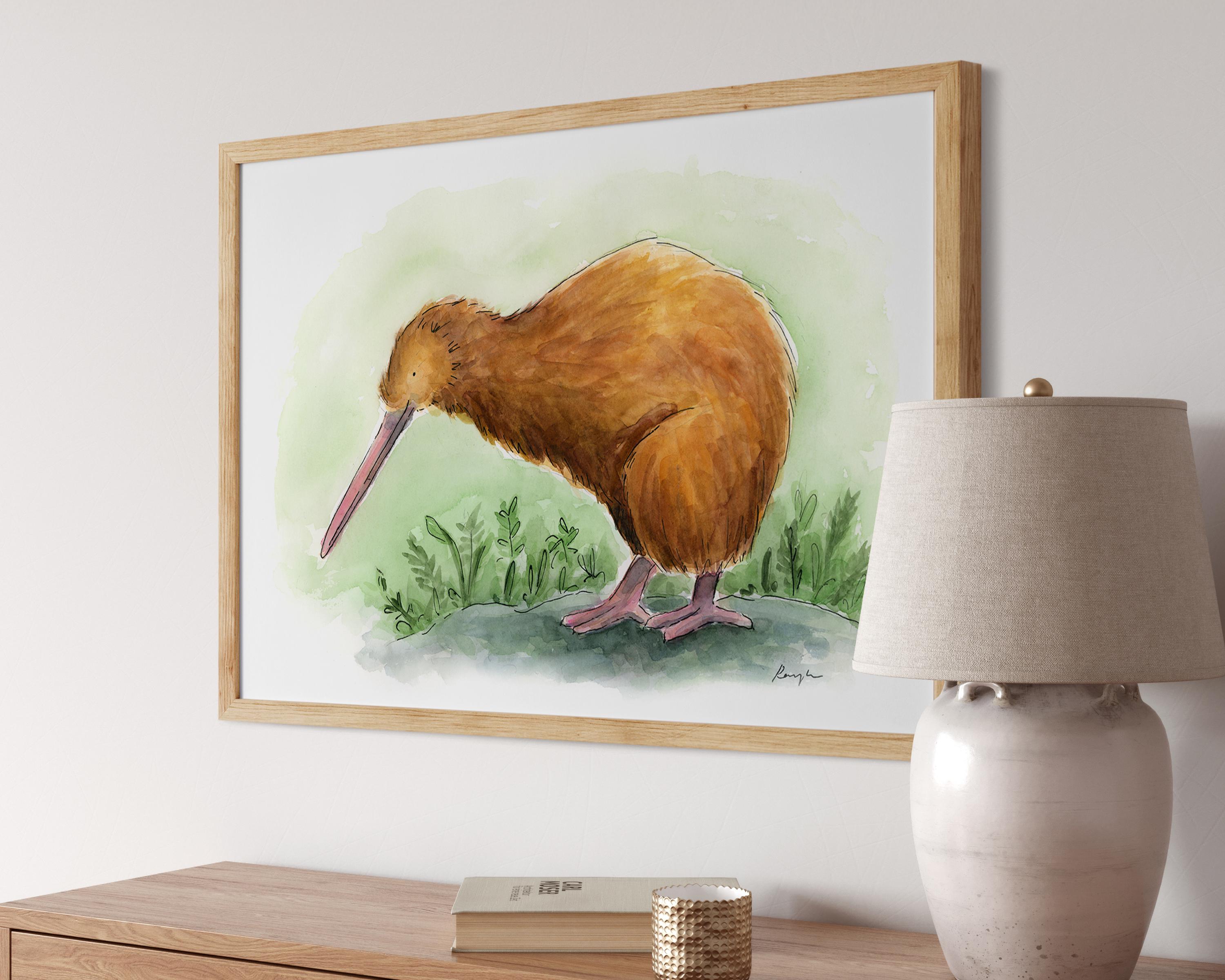 キウイ鳥のアートプリント：オリジナル水彩画、ニュージーランド