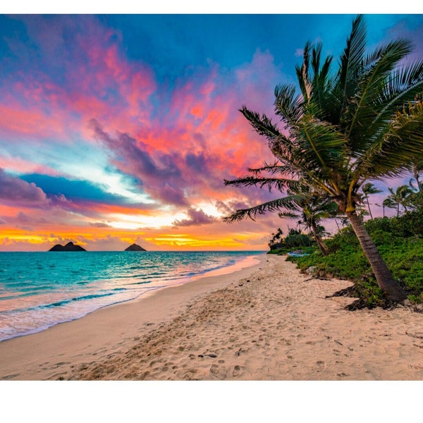 Aluminum Metal Canvas Fine Art Photo print of Beautiful Hawaiian Sunrise in Lanikai, Kailua, Oahu, Hawaii titled "Lanikai Sky"