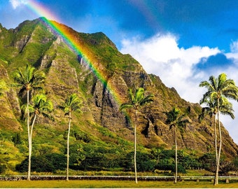 Aluminum/Canvas Fine Art print of a serene rainbow setting over the Ko'olau Mountains at Kualoa Ranch titled "Skittles"