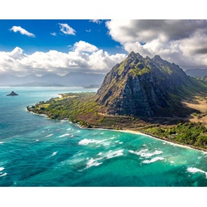 Aluminum/Canvas Fine Art print of an early morning view of Kualoa Ranch, Chinaman&#39;s Hat and the  Ko&#39;olau Mountains from a helicopter
