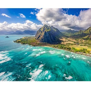 Aluminum/Canvas Fine Art print of an early morning view of Kualoa Ranch, Chinaman&#39;s Hat and the  Ko&#39;olau Mountains