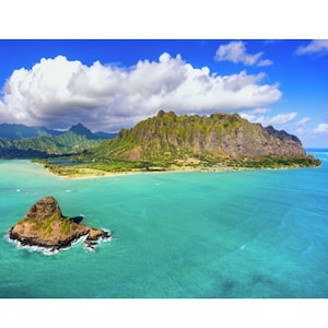 Aluminum/Canvas Fine Art print of an early morning view of Kualoa Ranch, Chinaman&#39;s Hat and the  Ko&#39;olau Mountains from a helicopter