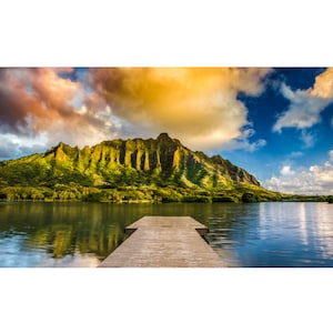 Panorama Aluminum Fine Art print of the Koolau Mountain Range in Hawaii titled &quot;One Pier&quot;