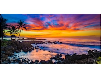 May include: A colorful sunset over a rocky coastline with palm trees and a small wooden gazebo. The sky is a mix of orange, pink, purple, and blue, with clouds reflecting the colors of the sunset. The water is a deep blue, with waves crashing on the rocks.