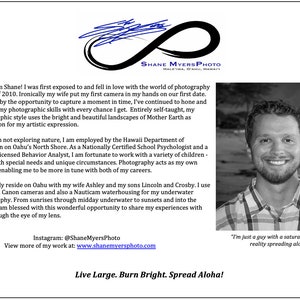 May include: A black and white photo of a man smiling. The man is wearing a plaid shirt. The text "I'm just a guy with a saturated sense of reality spreading aloha" is below the photo. The text "Live Large. Burn Bright. Spread Aloha!" is at the bottom of the image.